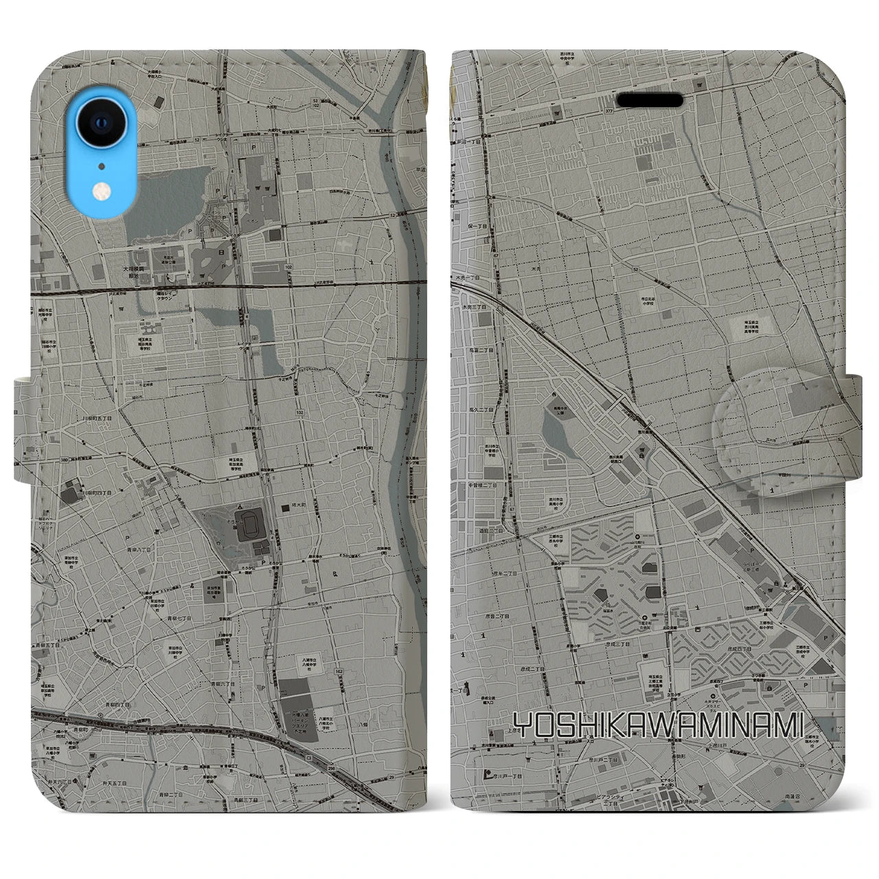 【吉川美南(埼玉県)】地図柄iPhoneケース(手帳タイプ)モノトーン・iPhone XR 用