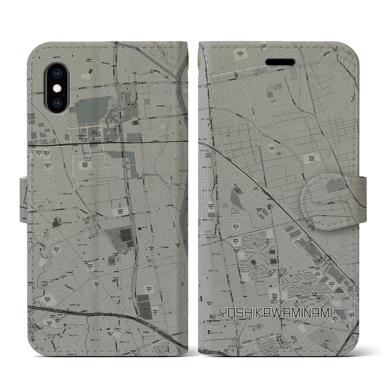 【吉川美南(埼玉県)】地図柄iPhoneケース(手帳タイプ)モノトーン・iPhone XS / X 用