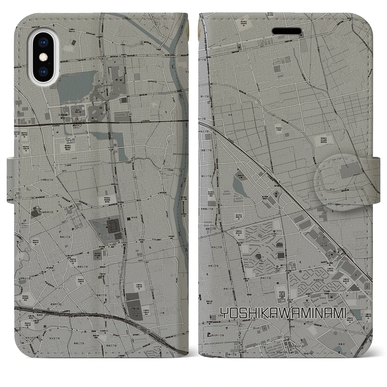 【吉川美南(埼玉県)】地図柄iPhoneケース(手帳タイプ)モノトーン・iPhone XS Max 用