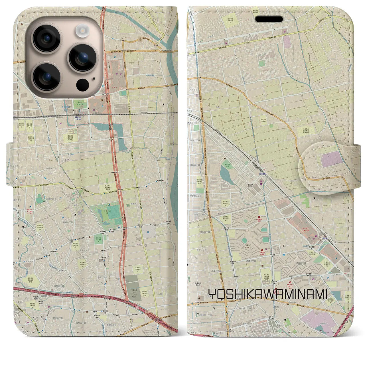 【吉川美南(埼玉県)】地図柄iPhoneケース(手帳タイプ)ナチュラル・iPhone 16 Plus 用