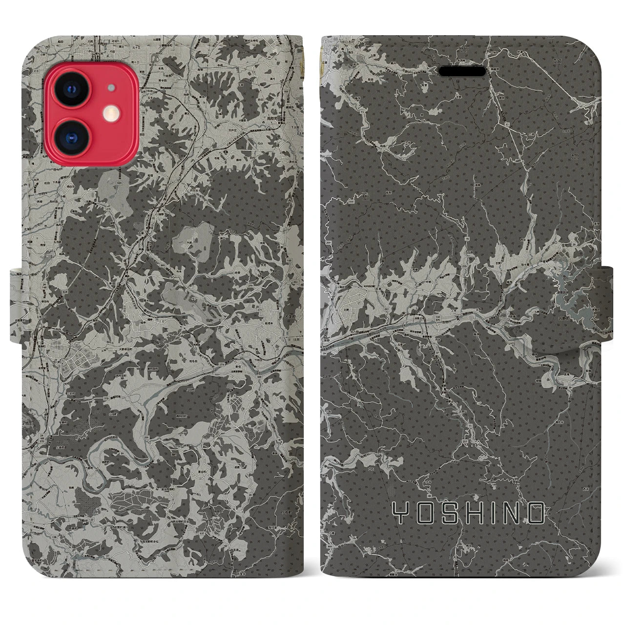 【吉野(奈良県)】地図柄iPhoneケース(手帳タイプ)モノトーン・iPhone 11 用
