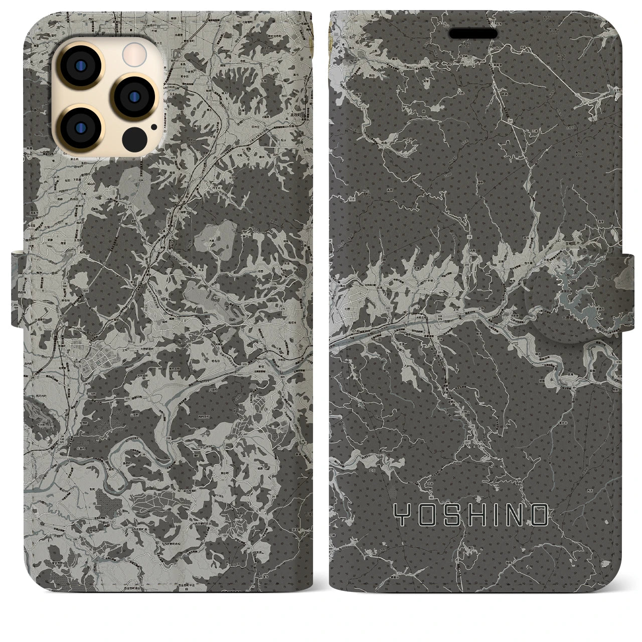 【吉野(奈良県)】地図柄iPhoneケース(手帳タイプ)モノトーン・iPhone 12 Pro Max 用