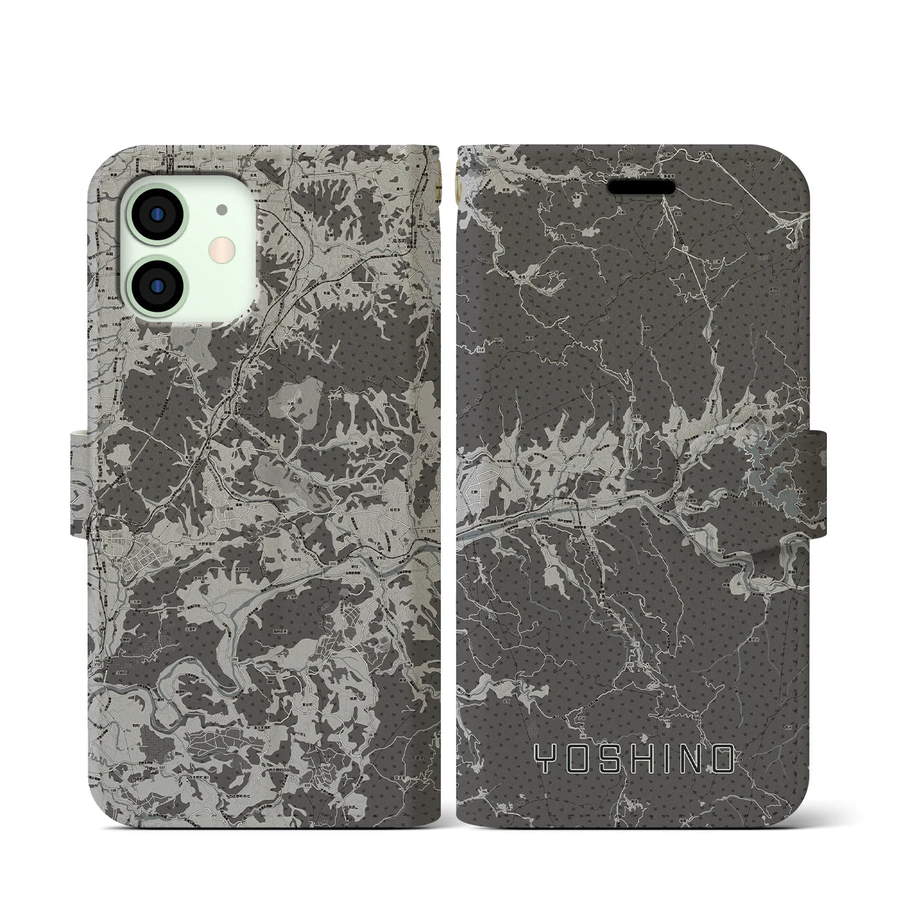 【吉野(奈良県)】地図柄iPhoneケース(手帳タイプ)モノトーン・iPhone 12 mini 用
