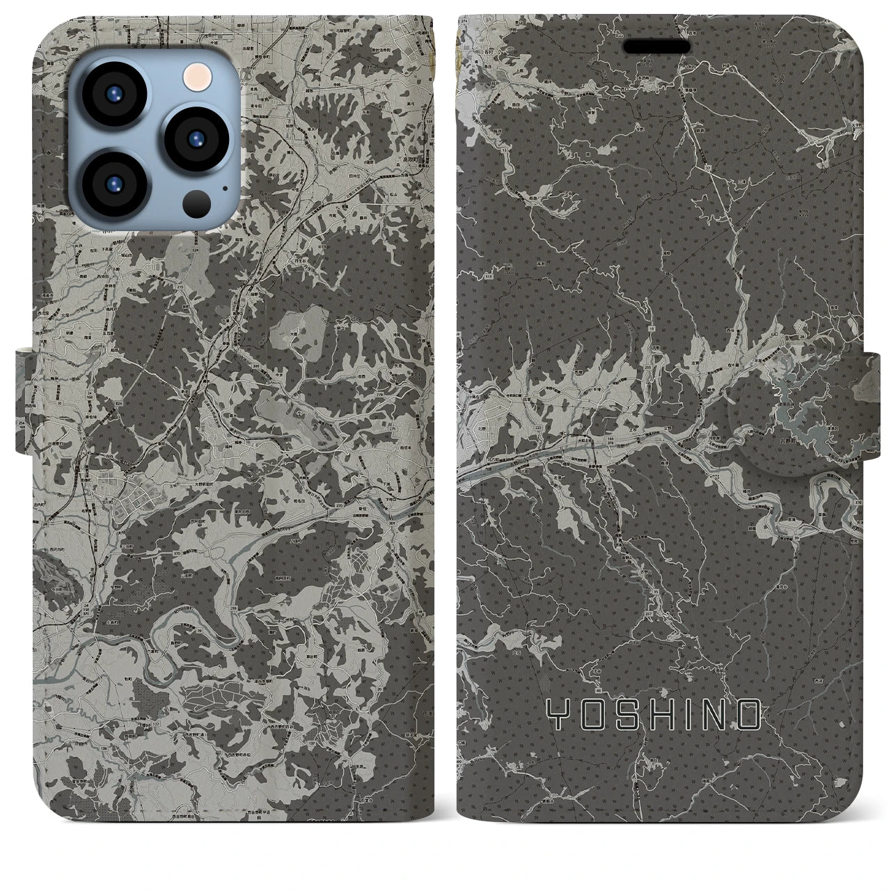 【吉野(奈良県)】地図柄iPhoneケース(手帳タイプ)モノトーン・iPhone 13 Pro Max 用
