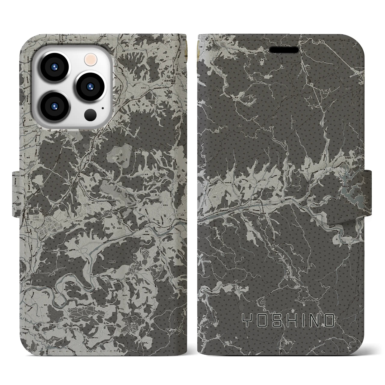 【吉野(奈良県)】地図柄iPhoneケース(手帳タイプ)モノトーン・iPhone 13 Pro 用