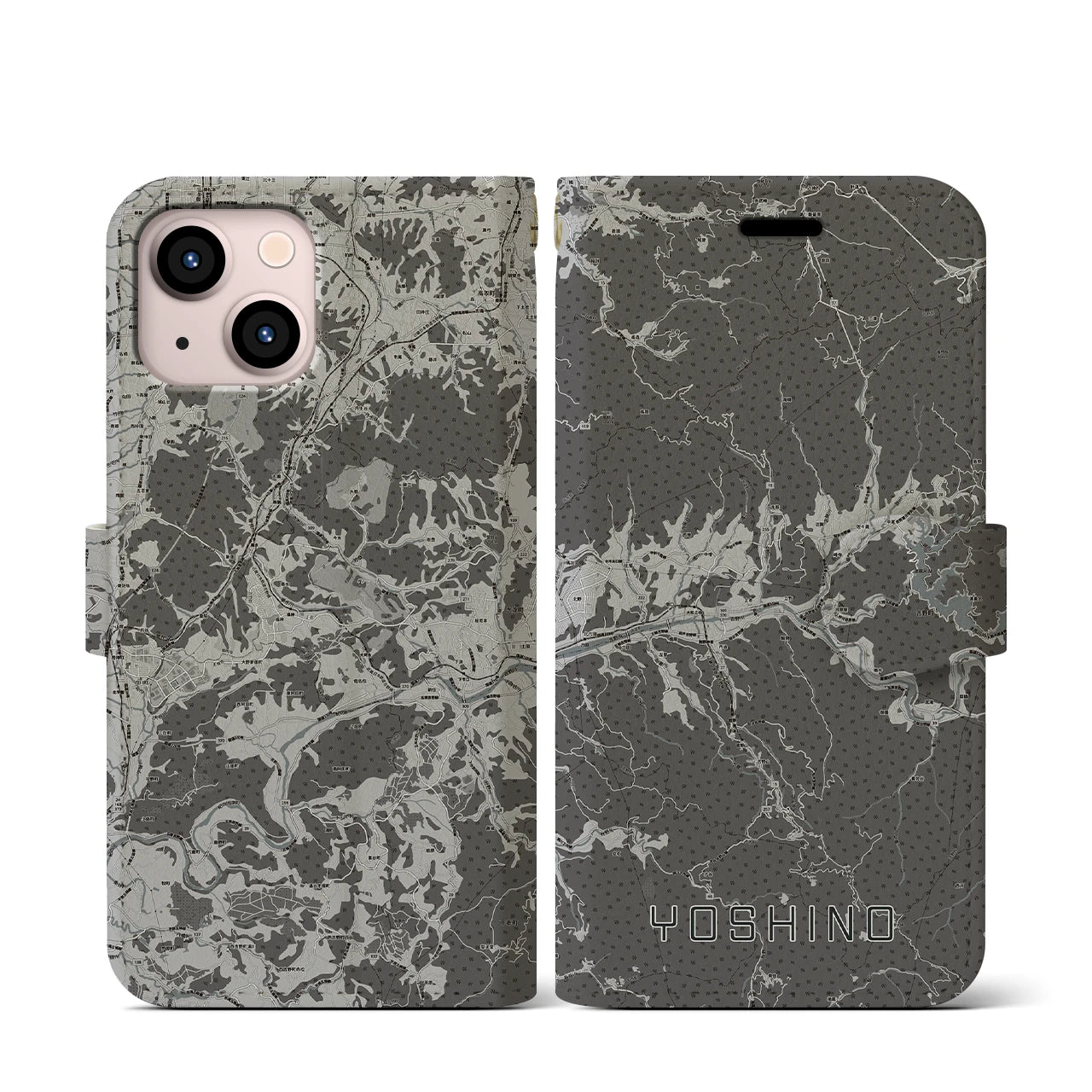 【吉野(奈良県)】地図柄iPhoneケース(手帳タイプ)モノトーン・iPhone 13 mini 用