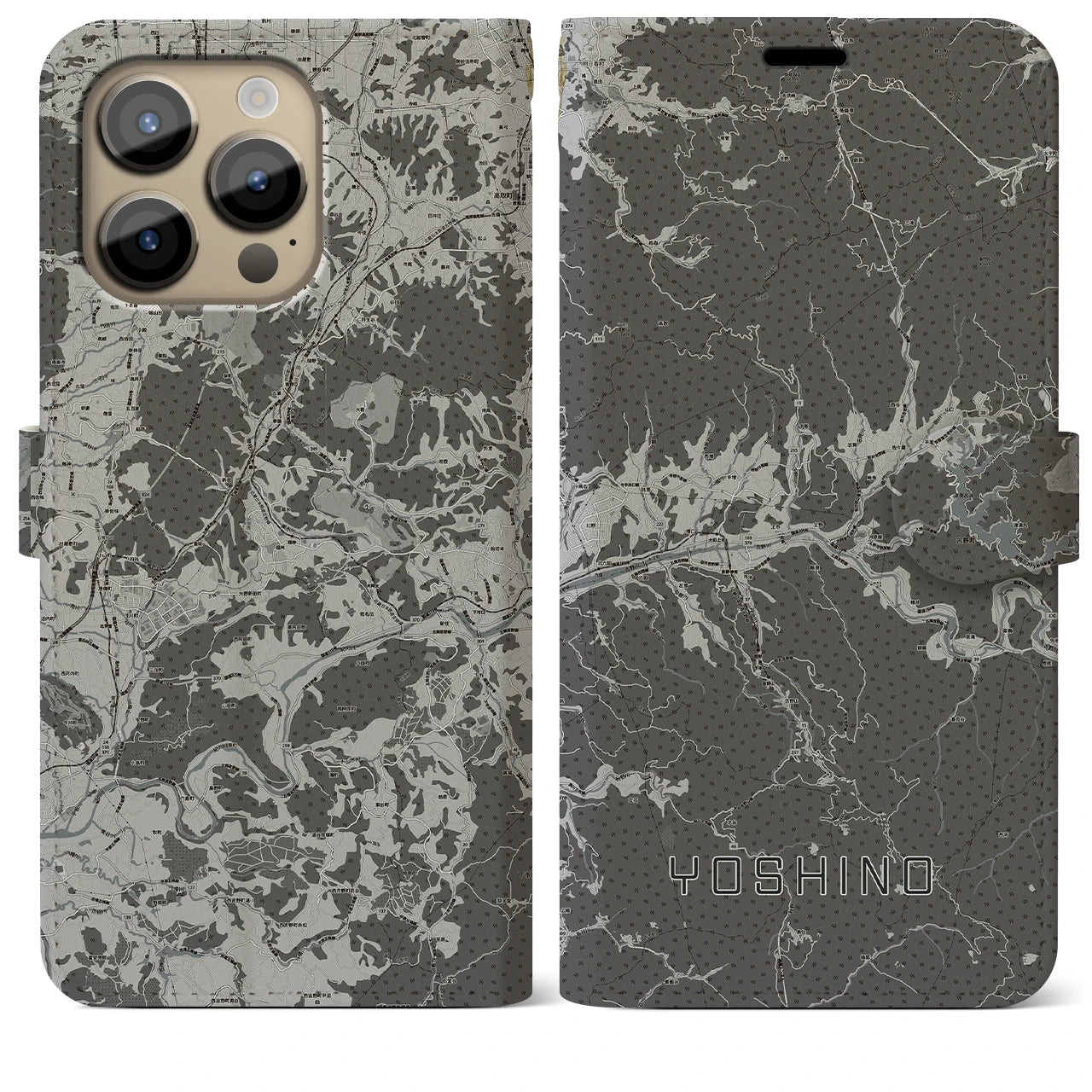 【吉野(奈良県)】地図柄iPhoneケース(手帳タイプ)モノトーン・iPhone 14 Pro Max 用