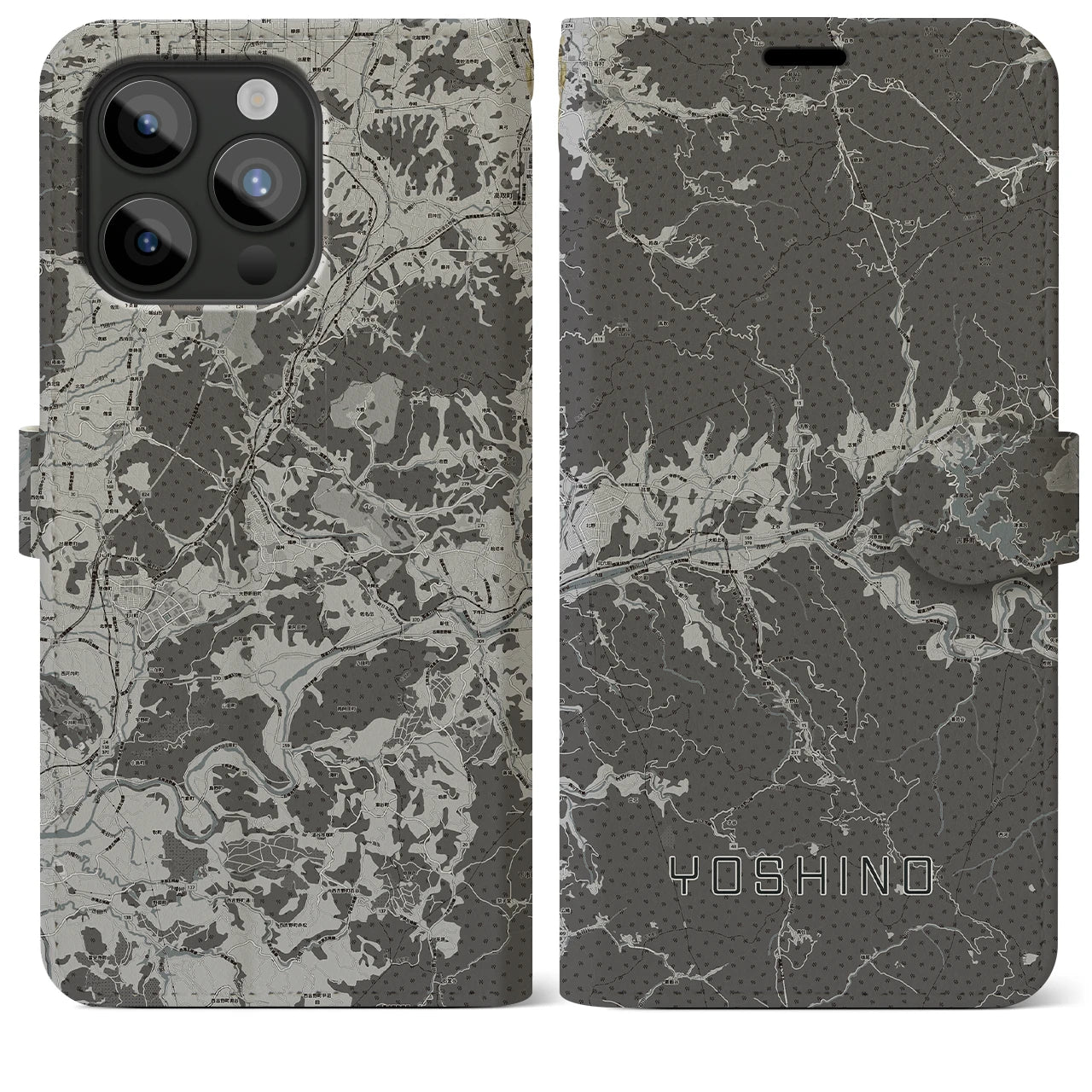 【吉野(奈良県)】地図柄iPhoneケース(手帳タイプ)モノトーン・iPhone 15 Pro Max 用