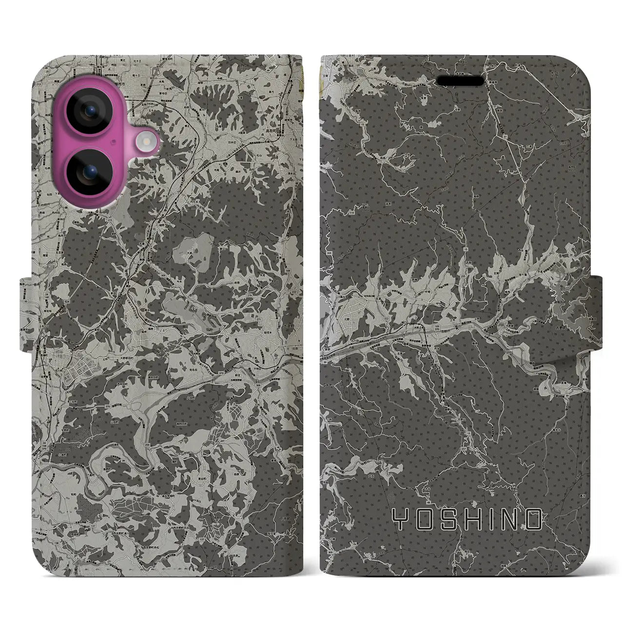 【吉野(奈良県)】地図柄iPhoneケース(手帳タイプ)モノトーン・iPhone 16 Pro 用