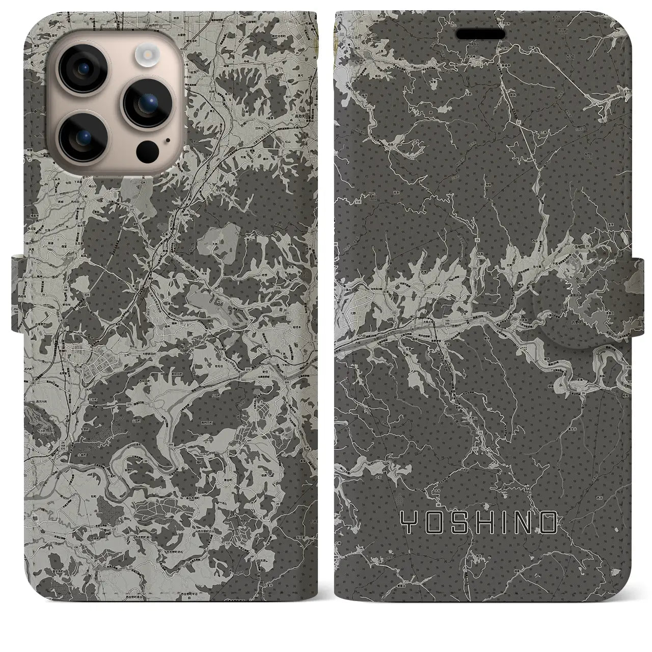【吉野(奈良県)】地図柄iPhoneケース(手帳タイプ)モノトーン・iPhone 16 Plus 用
