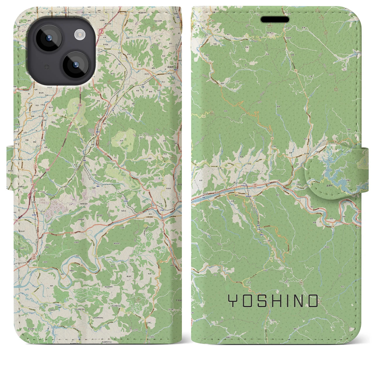 【吉野(奈良県)】地図柄iPhoneケース(手帳タイプ)ナチュラル・iPhone 14 Plus 用