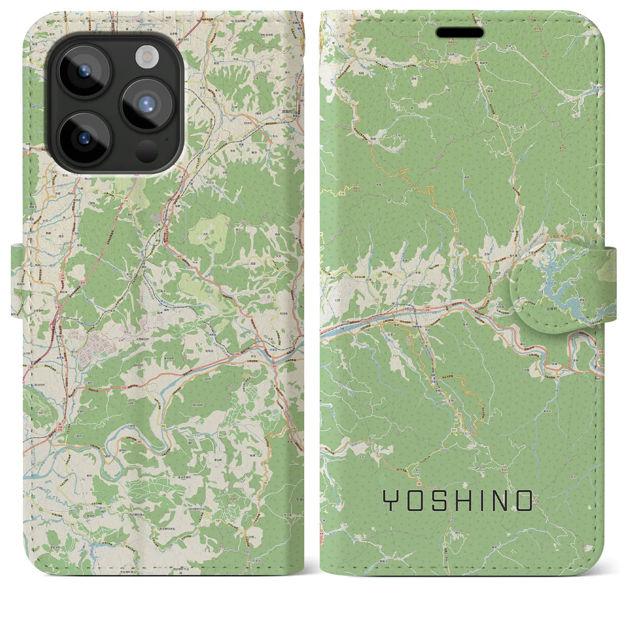 【吉野(奈良県)】地図柄iPhoneケース(手帳タイプ)ナチュラル・iPhone 15 Pro Max 用