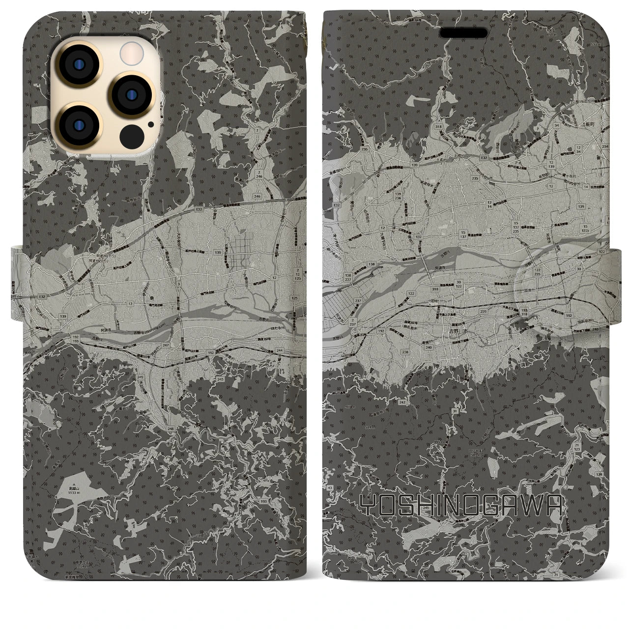 【吉野川(徳島県)】地図柄iPhoneケース(手帳タイプ)モノトーン・iPhone 12 Pro Max 用