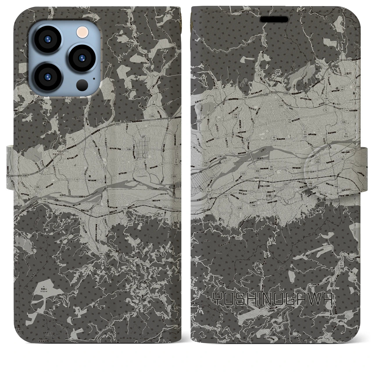 【吉野川(徳島県)】地図柄iPhoneケース(手帳タイプ)モノトーン・iPhone 13 Pro Max 用