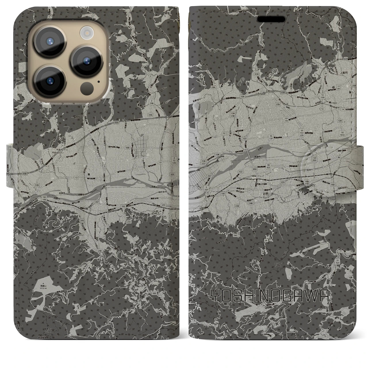 【吉野川(徳島県)】地図柄iPhoneケース(手帳タイプ)モノトーン・iPhone 14 Pro Max 用