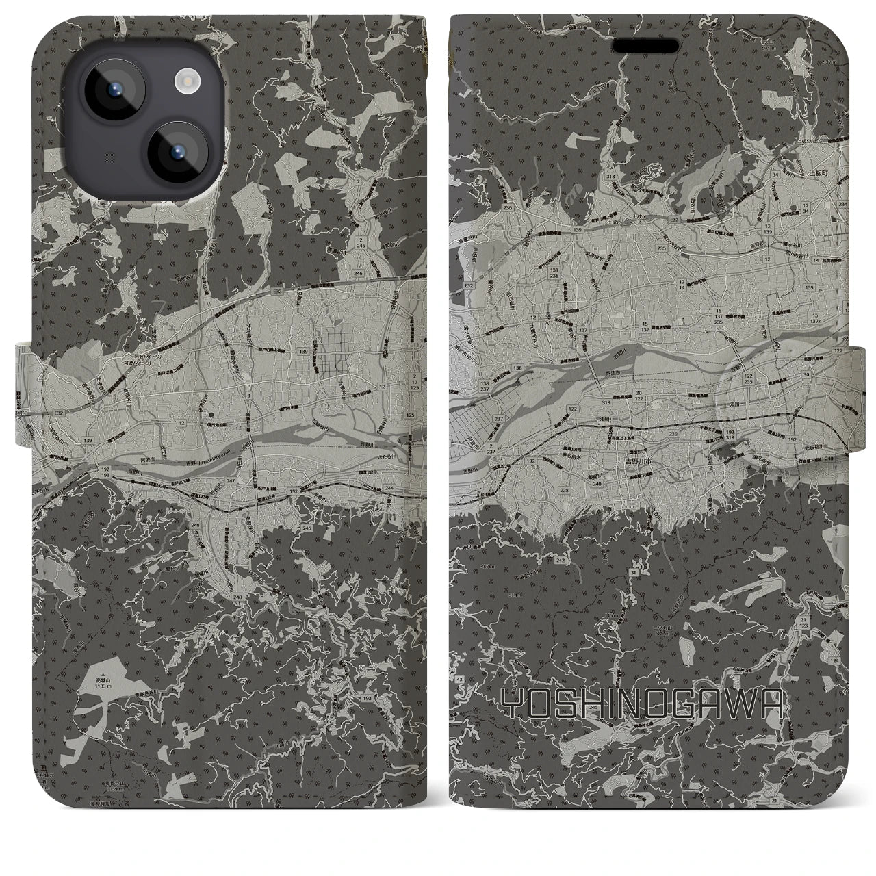 【吉野川(徳島県)】地図柄iPhoneケース(手帳タイプ)モノトーン・iPhone 14 Plus 用