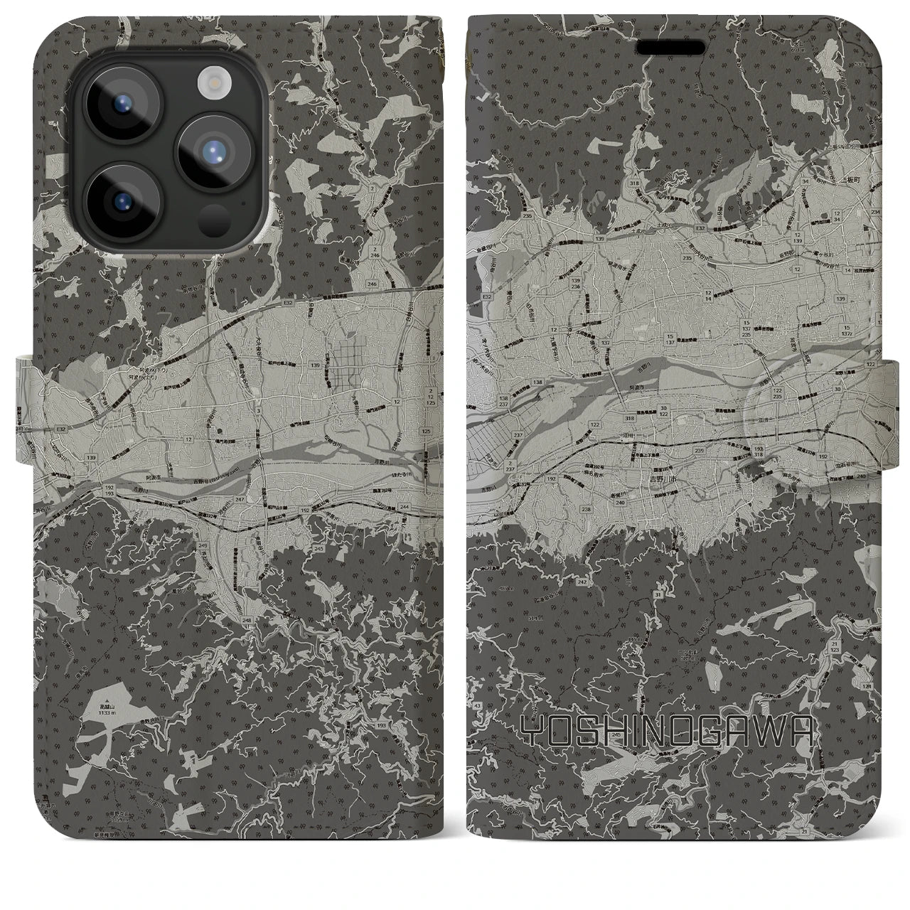 【吉野川(徳島県)】地図柄iPhoneケース(手帳タイプ)モノトーン・iPhone 15 Pro Max 用