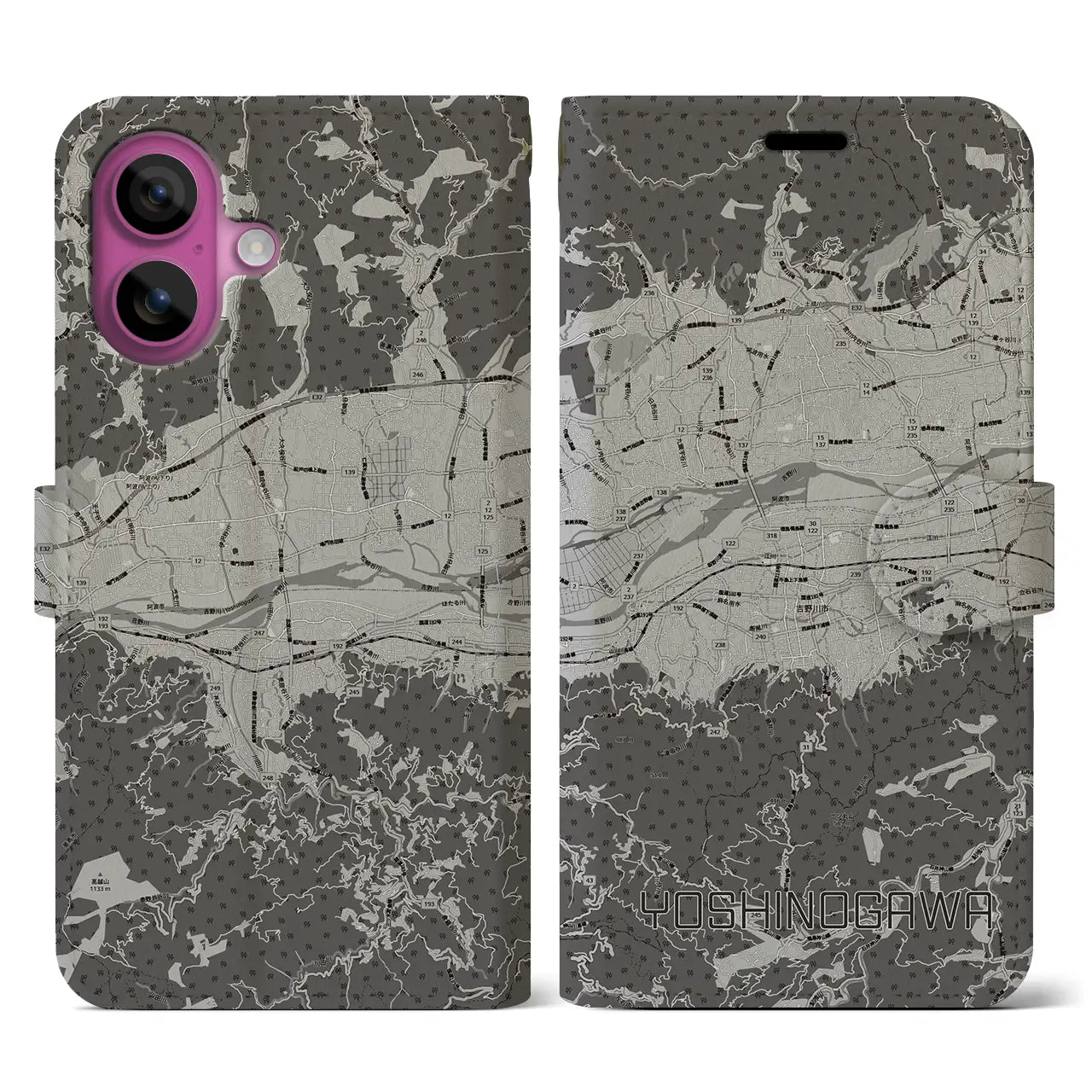 【吉野川(徳島県)】地図柄iPhoneケース(手帳タイプ)モノトーン・iPhone 16 Pro 用