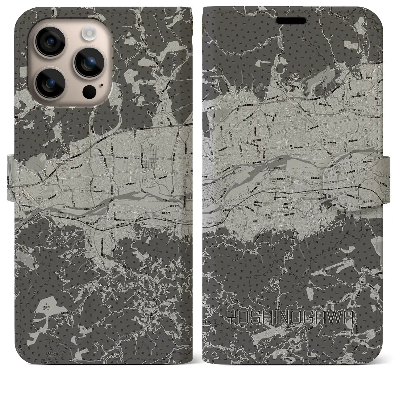 【吉野川(徳島県)】地図柄iPhoneケース(手帳タイプ)モノトーン・iPhone 16 Plus 用