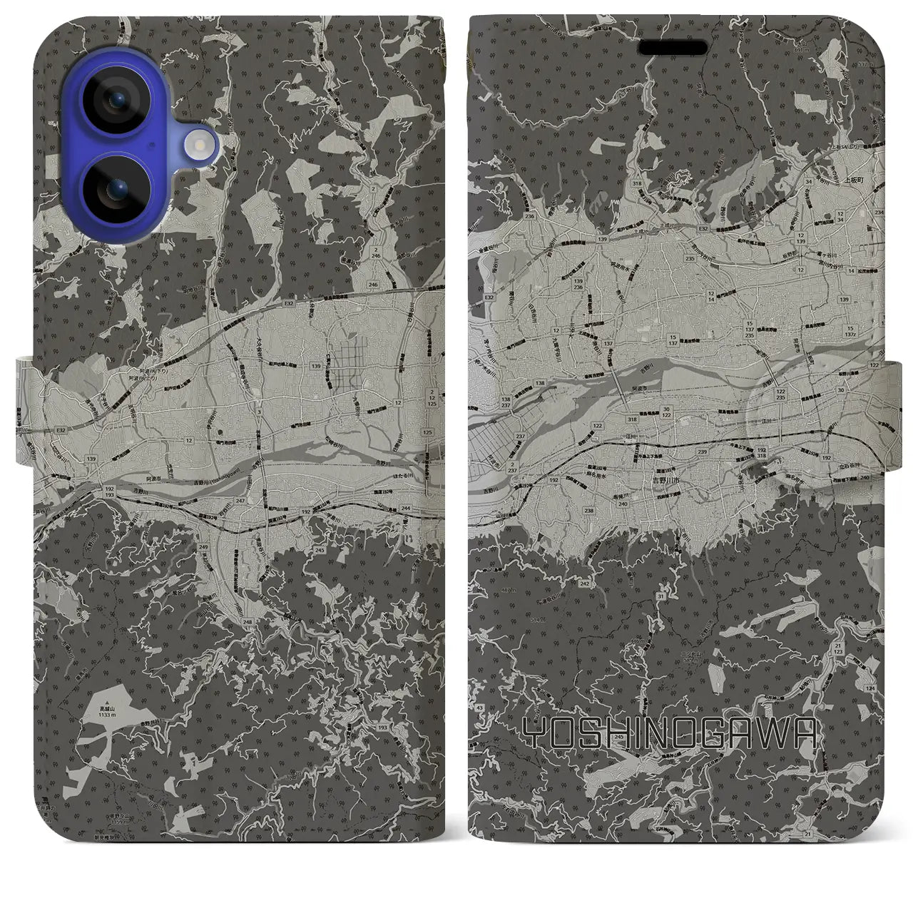 【吉野川(徳島県)】地図柄iPhoneケース(手帳タイプ)モノトーン・iPhone 16 Pro Max 用