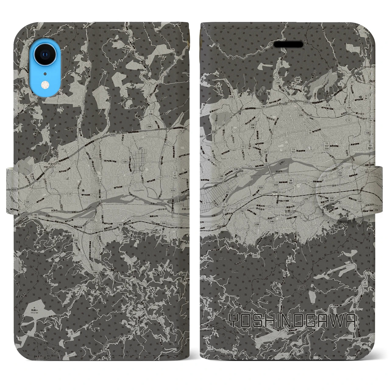 【吉野川(徳島県)】地図柄iPhoneケース(手帳タイプ)モノトーン・iPhone XR 用