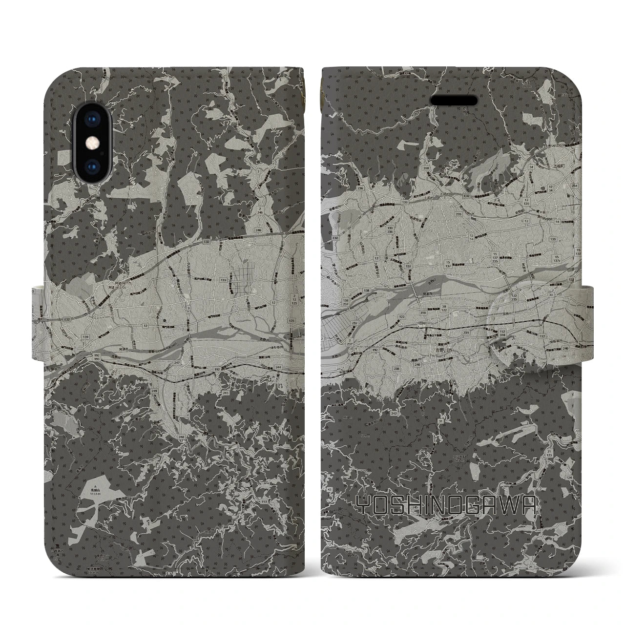 【吉野川(徳島県)】地図柄iPhoneケース(手帳タイプ)モノトーン・iPhone XS / X 用