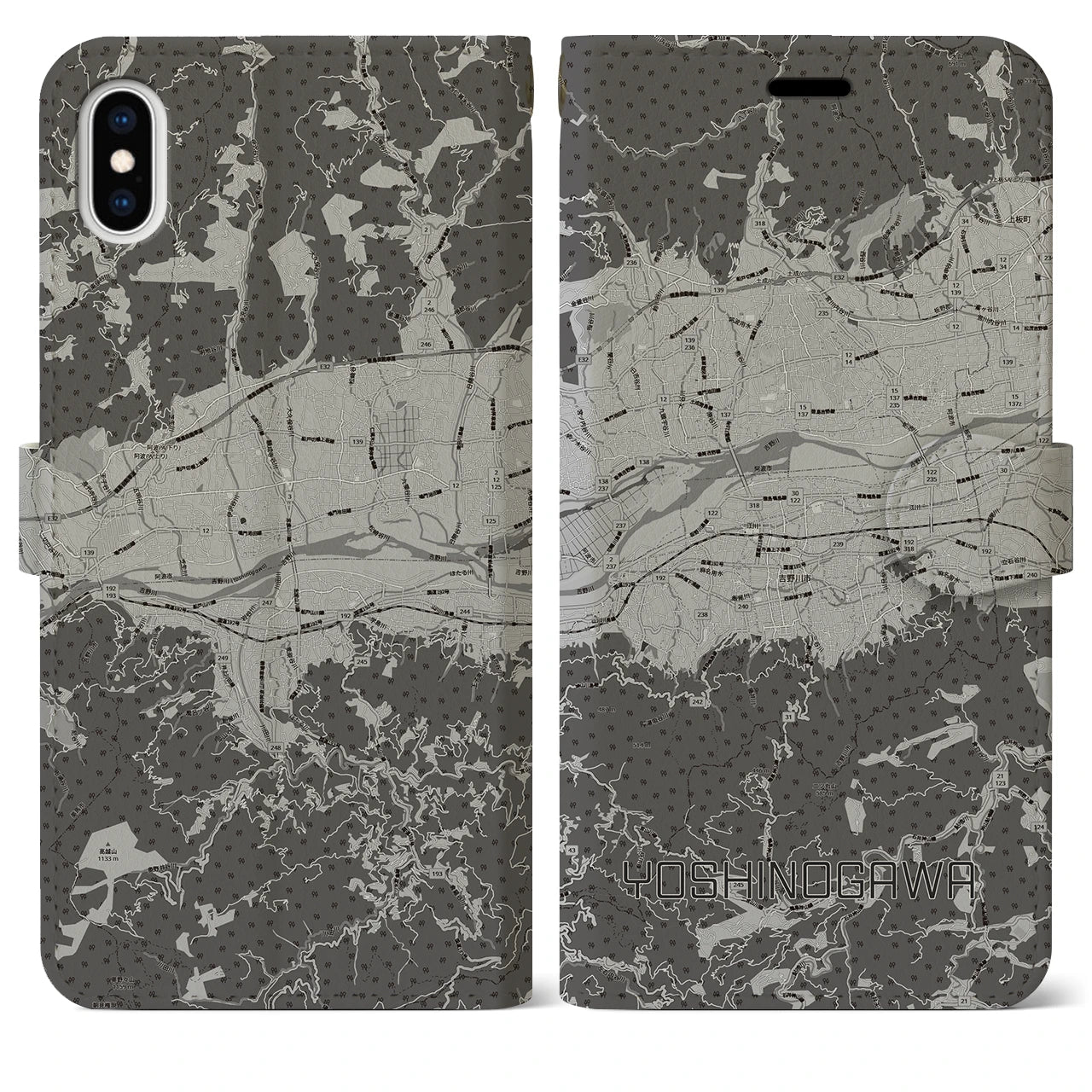 【吉野川(徳島県)】地図柄iPhoneケース(手帳タイプ)モノトーン・iPhone XS Max 用