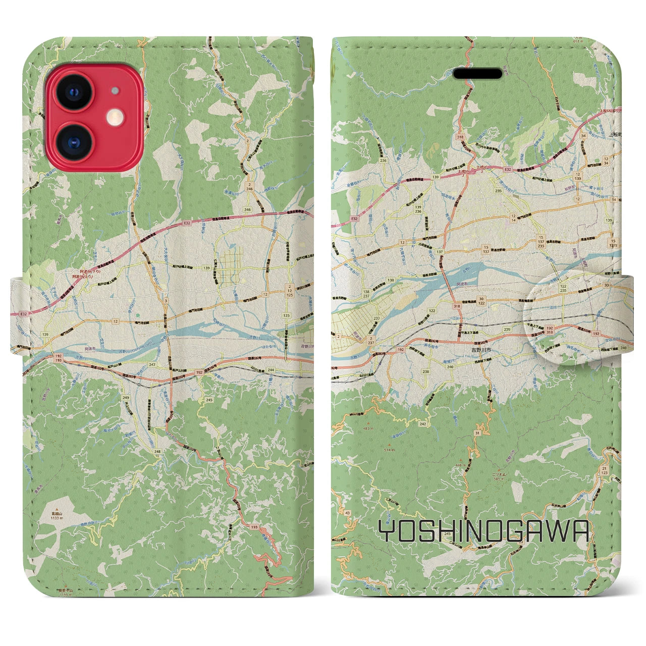 【吉野川(徳島県)】地図柄iPhoneケース(手帳タイプ)ナチュラル・iPhone 11 用