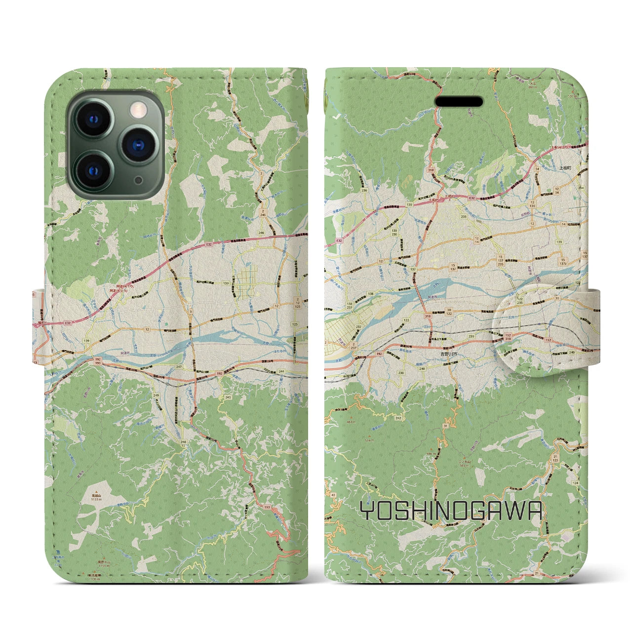 【吉野川(徳島県)】地図柄iPhoneケース(手帳タイプ)ナチュラル・iPhone 11 Pro 用