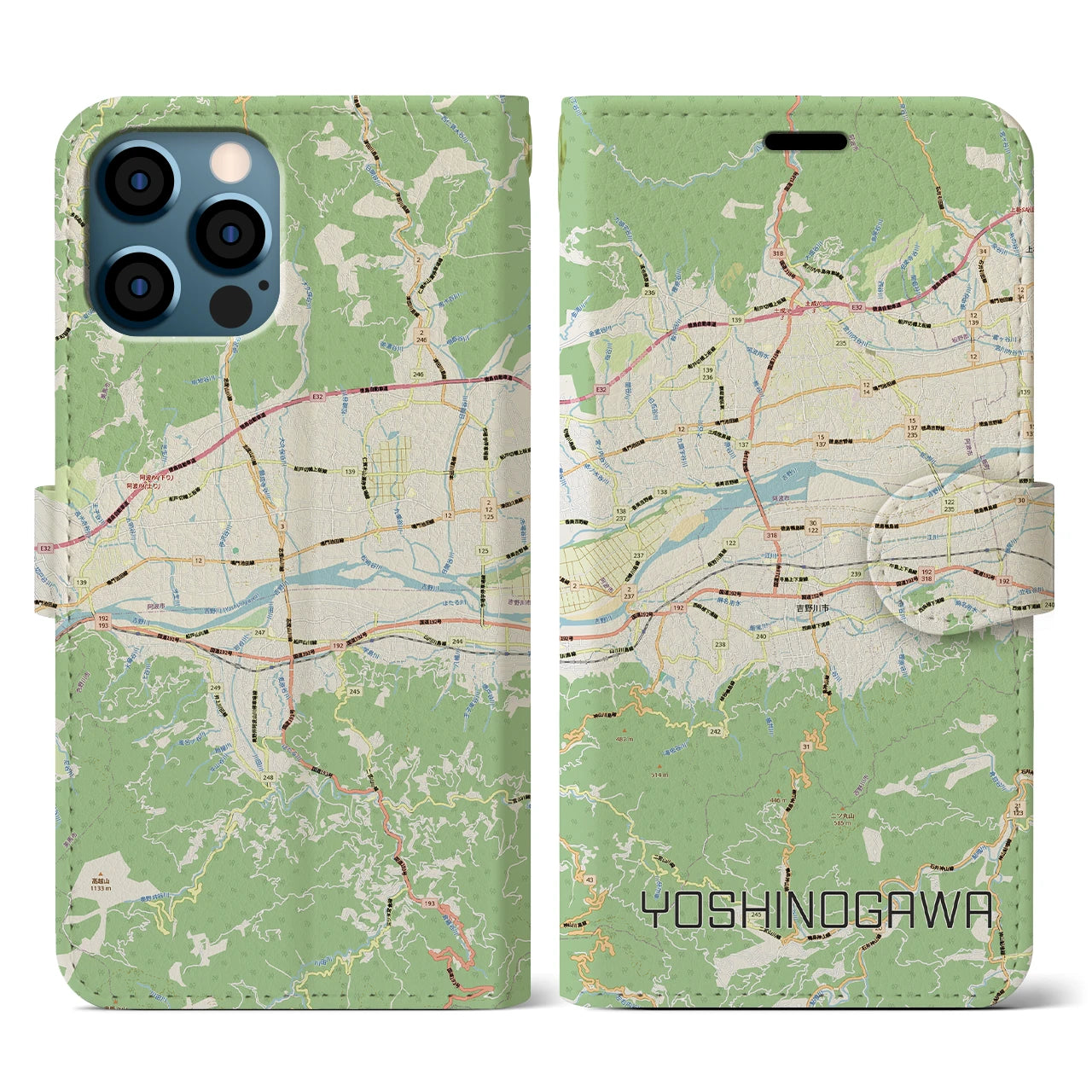 【吉野川(徳島県)】地図柄iPhoneケース(手帳タイプ)ナチュラル・iPhone 12 / 12 Pro 用