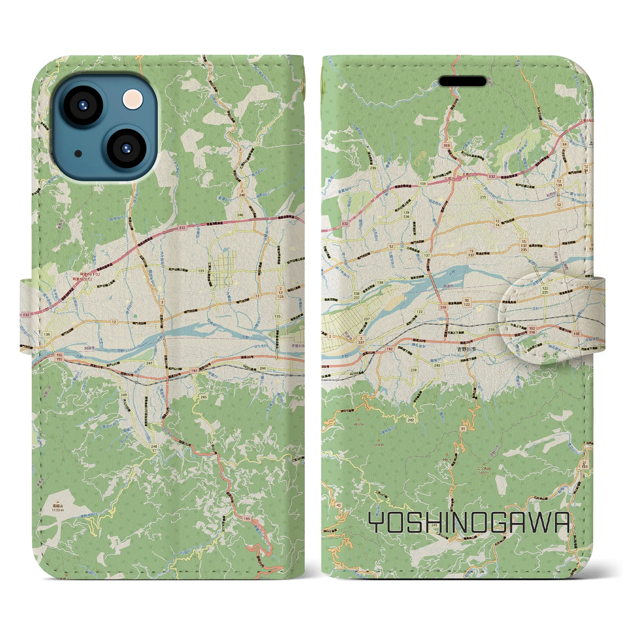 【吉野川(徳島県)】地図柄iPhoneケース(手帳タイプ)ナチュラル・iPhone 13 用