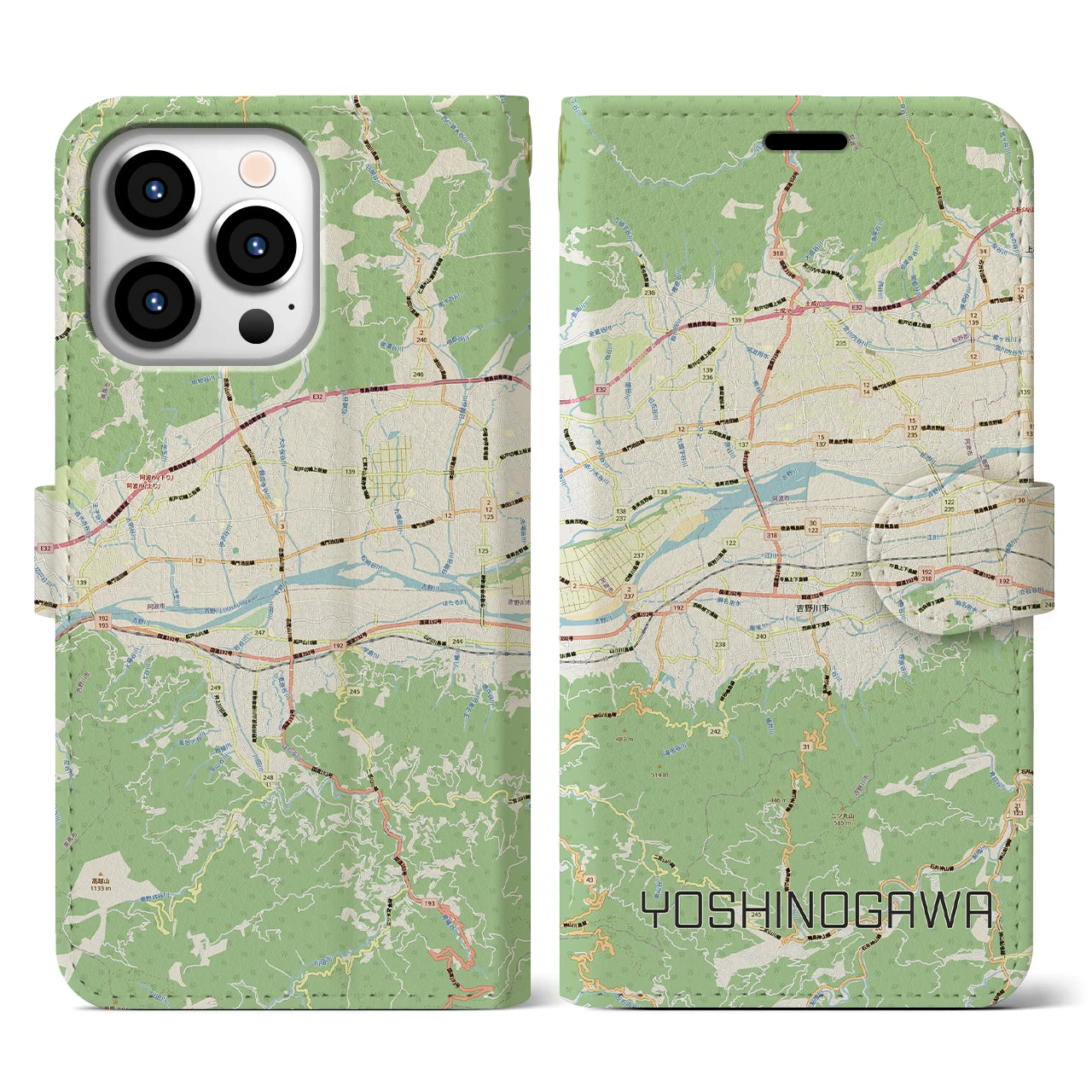 【吉野川(徳島県)】地図柄iPhoneケース(手帳タイプ)ナチュラル・iPhone 13 Pro 用