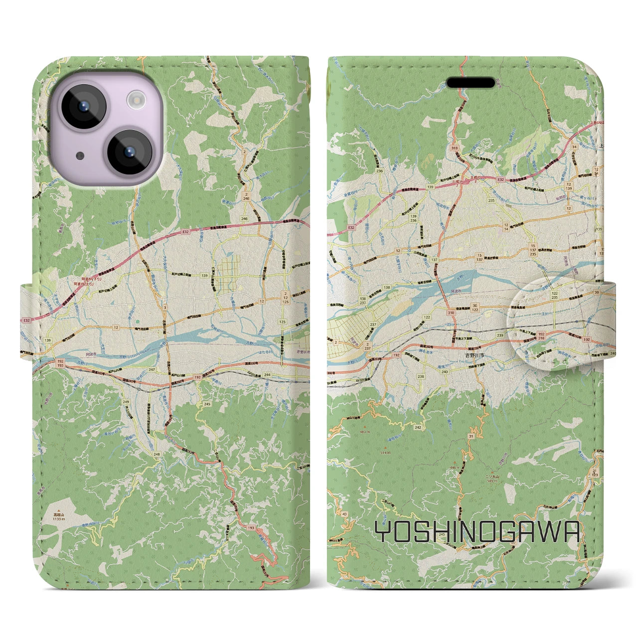 【吉野川(徳島県)】地図柄iPhoneケース(手帳タイプ)ナチュラル・iPhone 14 用