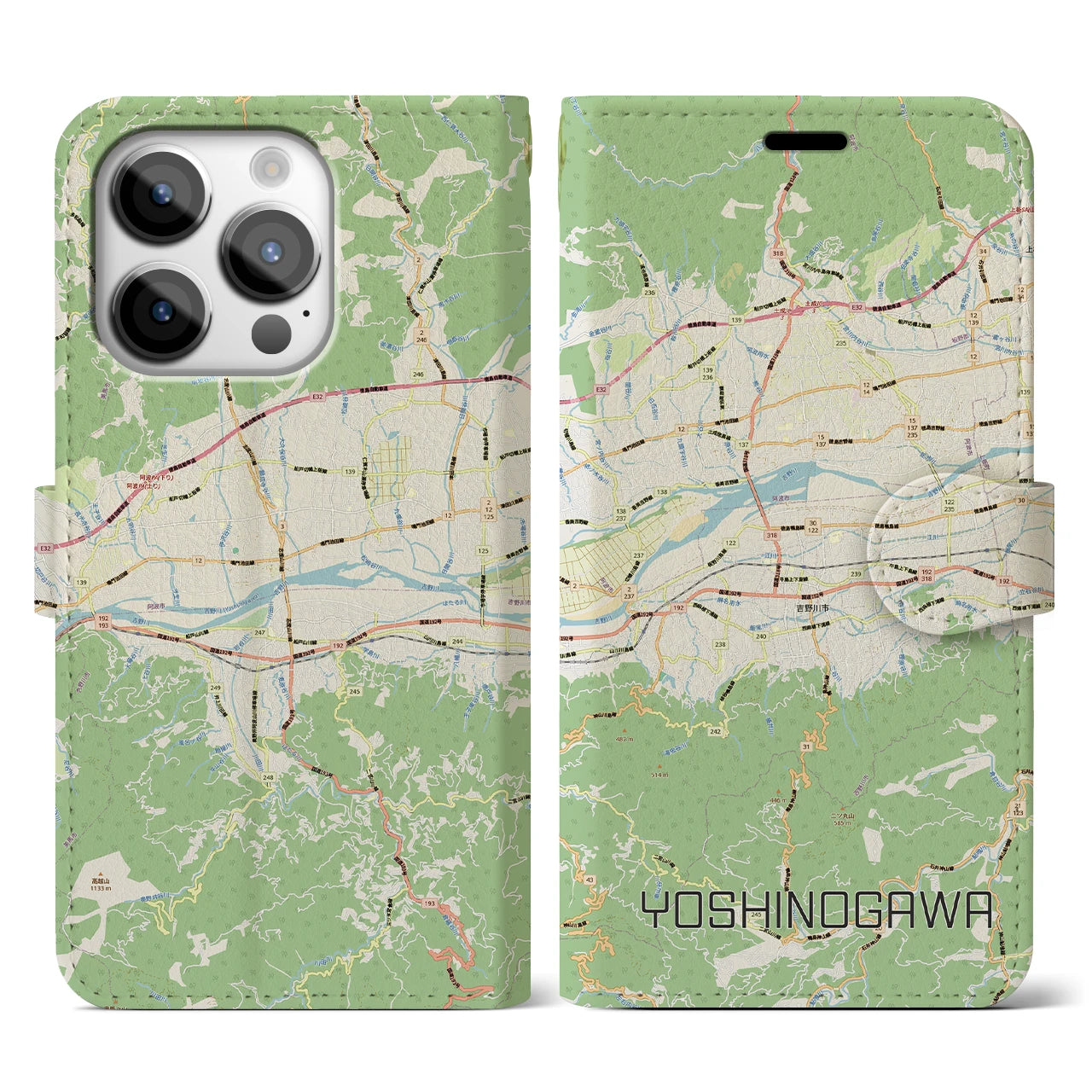 【吉野川(徳島県)】地図柄iPhoneケース(手帳タイプ)ナチュラル・iPhone 14 Pro 用