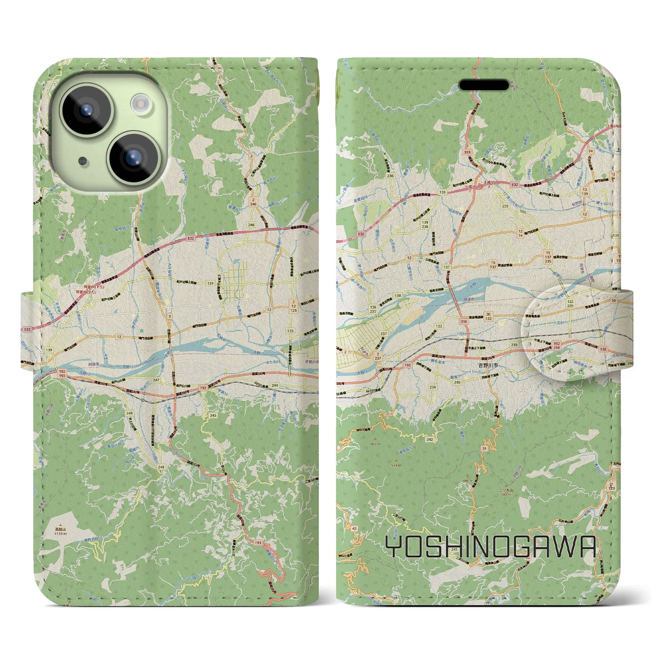 【吉野川(徳島県)】地図柄iPhoneケース(手帳タイプ)ナチュラル・iPhone 15 用