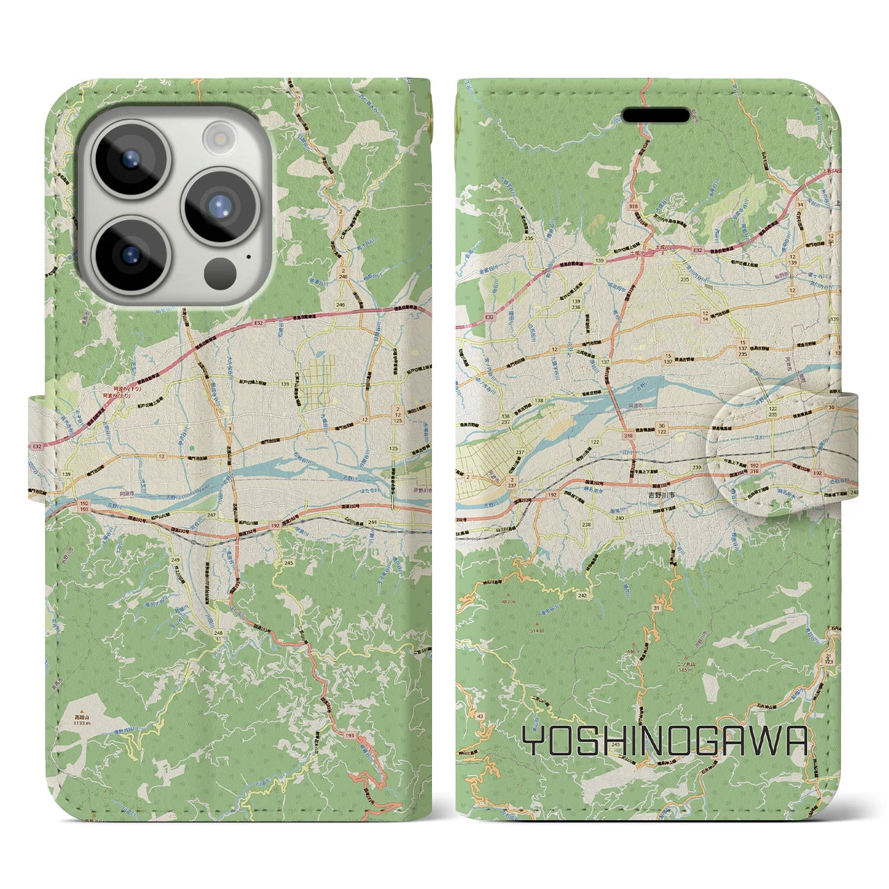【吉野川(徳島県)】地図柄iPhoneケース(手帳タイプ)ナチュラル・iPhone 15 Pro 用