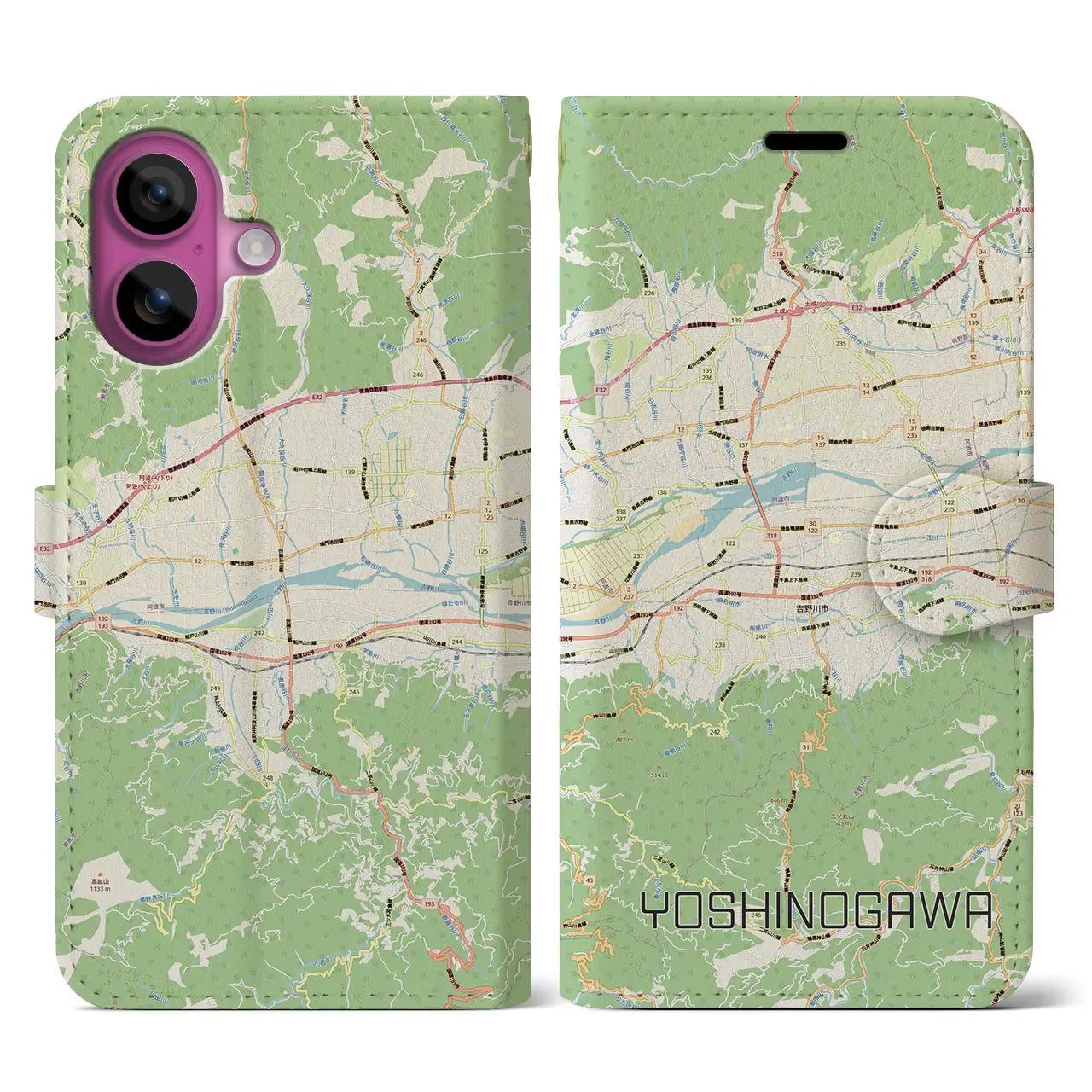 【吉野川(徳島県)】地図柄iPhoneケース(手帳タイプ)ナチュラル・iPhone 16 Pro 用
