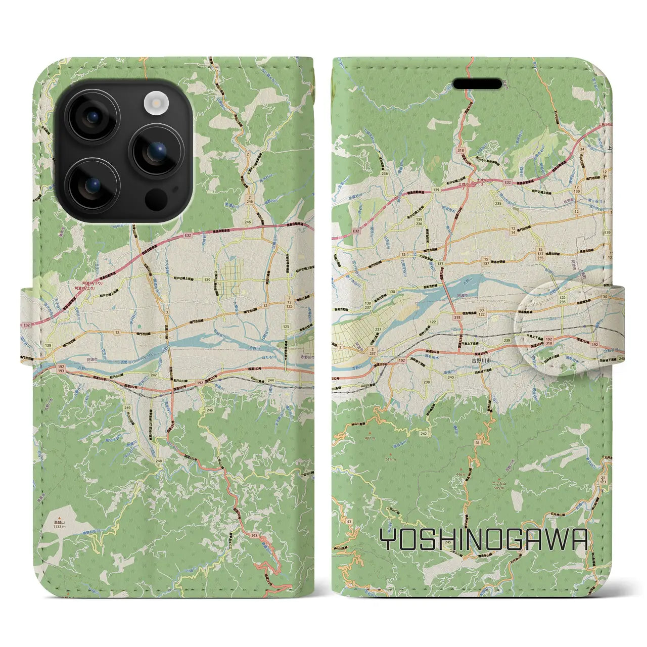 【吉野川(徳島県)】地図柄iPhoneケース(手帳タイプ)ナチュラル・iPhone 16 用