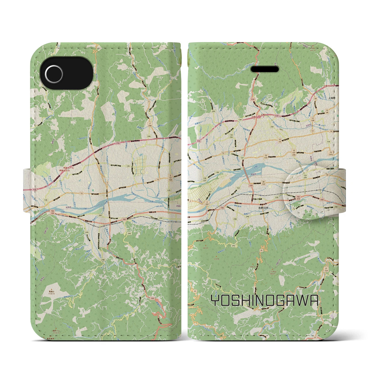 【吉野川(徳島県)】地図柄iPhoneケース(手帳タイプ)ナチュラル・iPhone SE(第3 / 第2世代) / 8 / 7 / 6s / 6 用