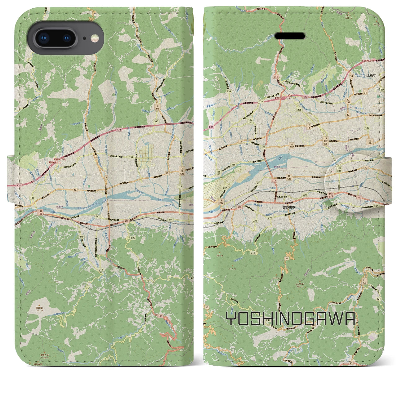 【吉野川(徳島県)】地図柄iPhoneケース(手帳タイプ)ナチュラル・iPhone 8Plus /7Plus / 6sPlus / 6Plus 用