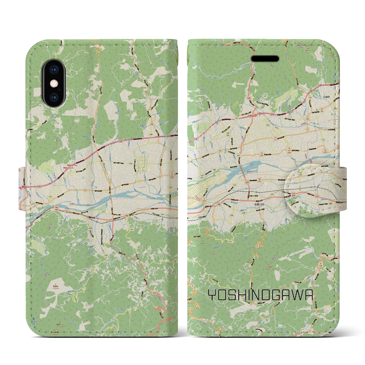 【吉野川(徳島県)】地図柄iPhoneケース(手帳タイプ)ナチュラル・iPhone XS / X 用