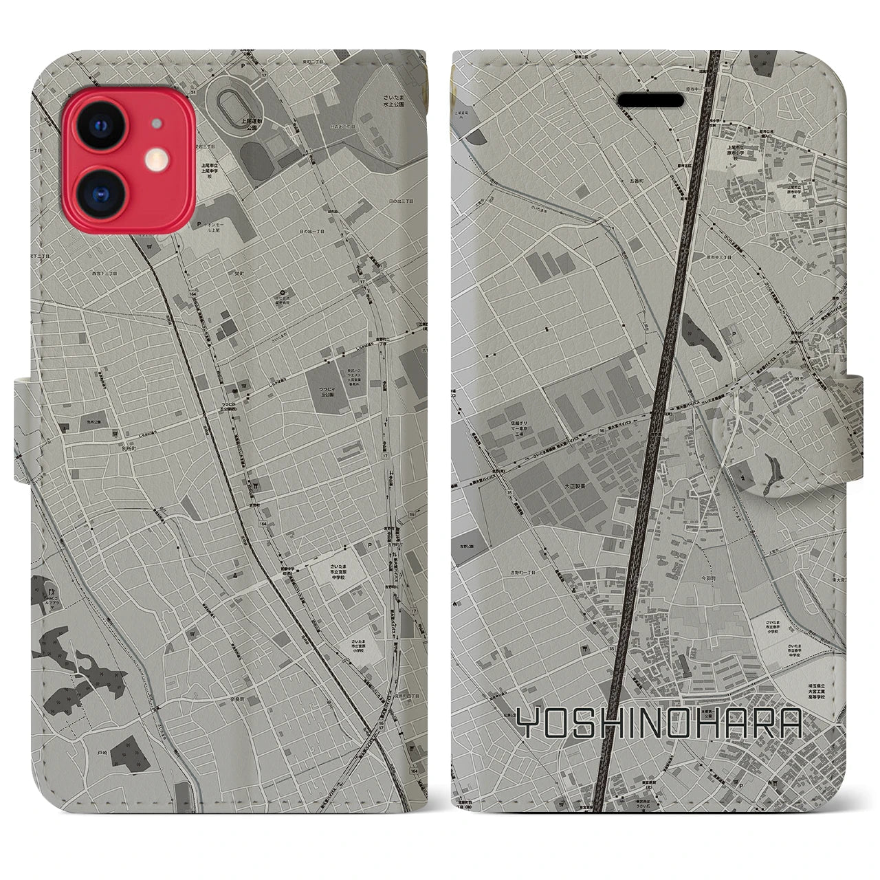 【吉野原(埼玉県)】地図柄iPhoneケース(手帳タイプ)モノトーン・iPhone 11 用