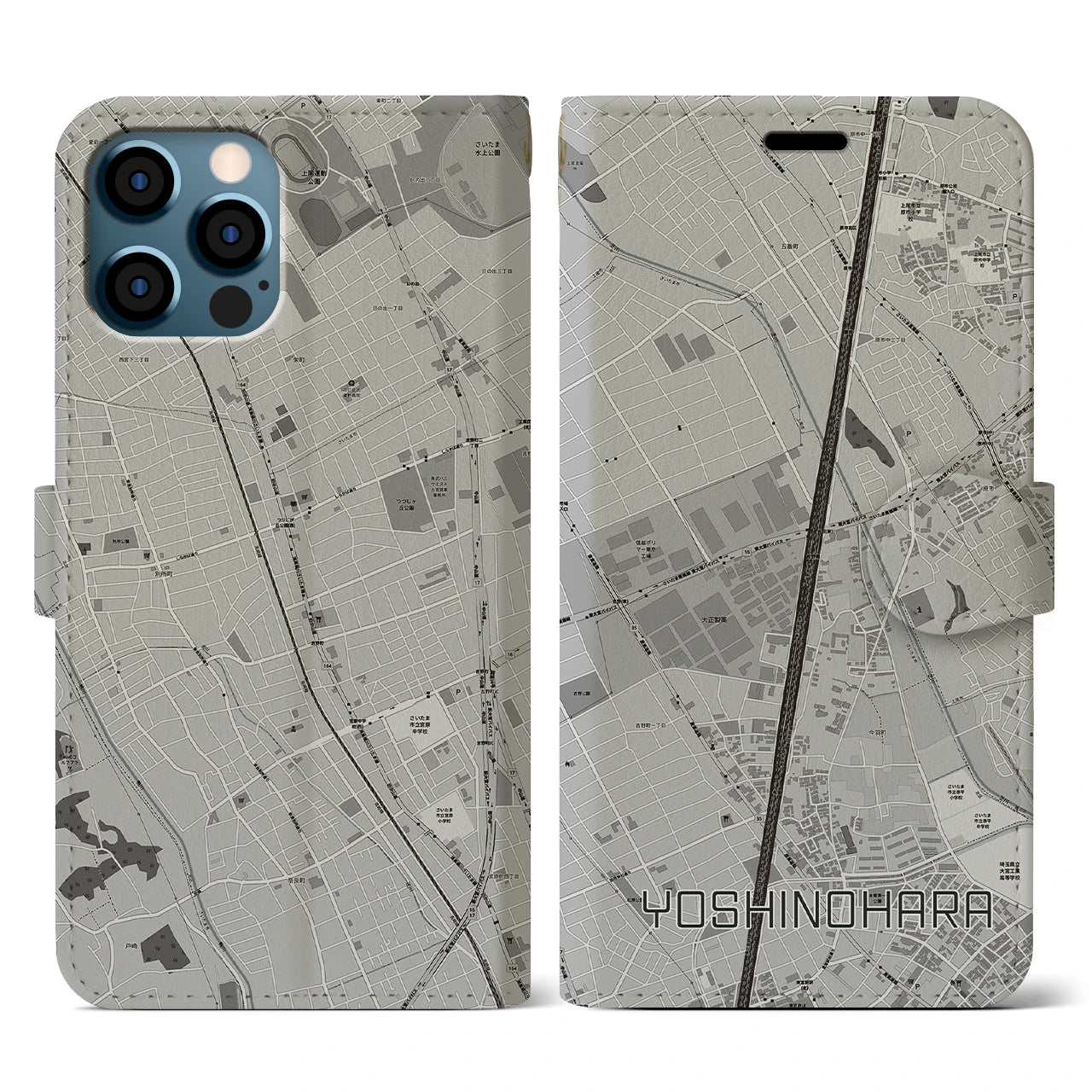 【吉野原(埼玉県)】地図柄iPhoneケース(手帳タイプ)モノトーン・iPhone 12 / 12 Pro 用