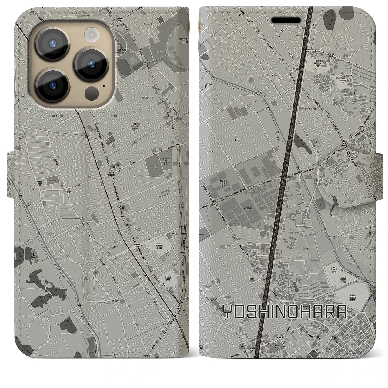 【吉野原(埼玉県)】地図柄iPhoneケース(手帳タイプ)モノトーン・iPhone 14 Pro Max 用