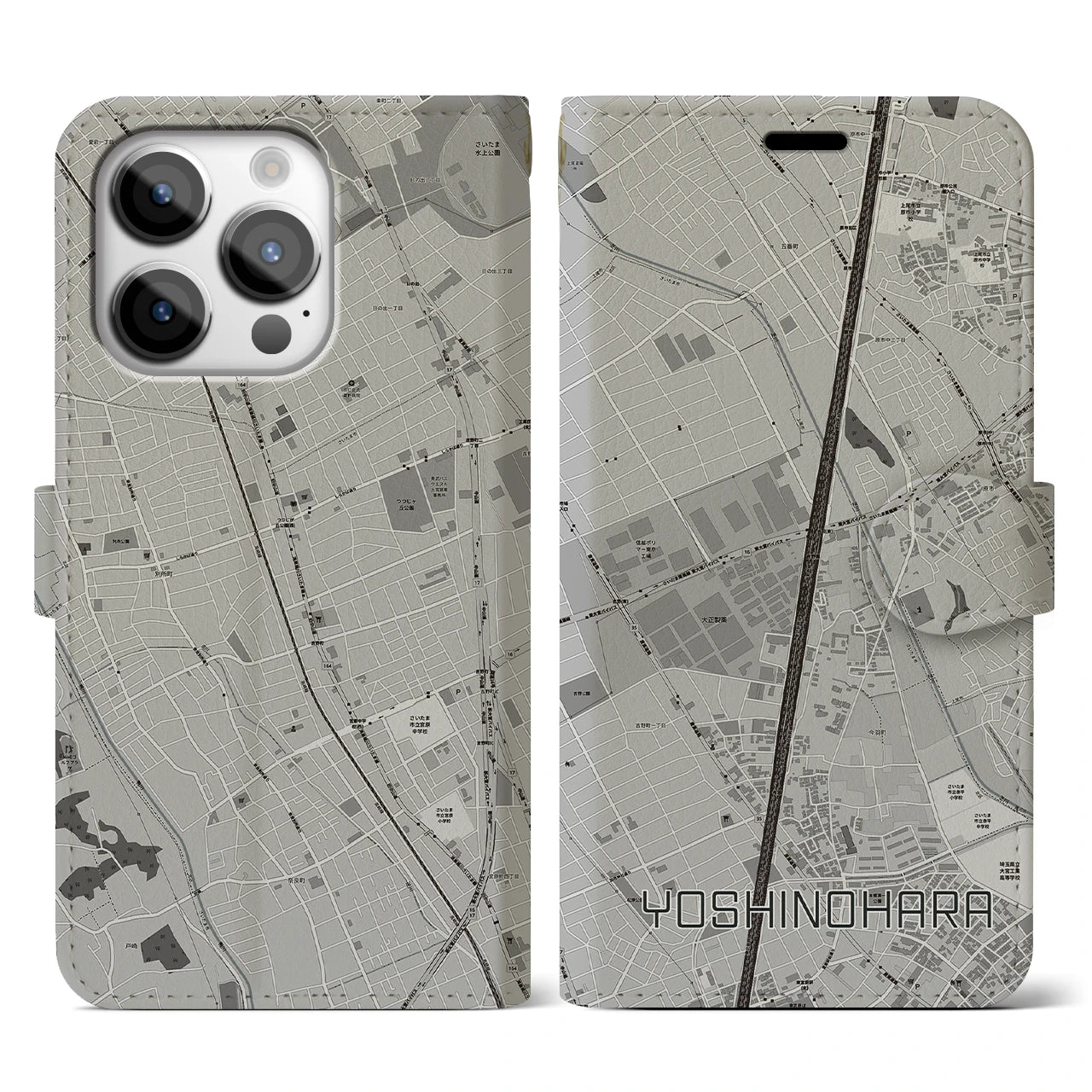 【吉野原(埼玉県)】地図柄iPhoneケース(手帳タイプ)モノトーン・iPhone 14 Pro 用
