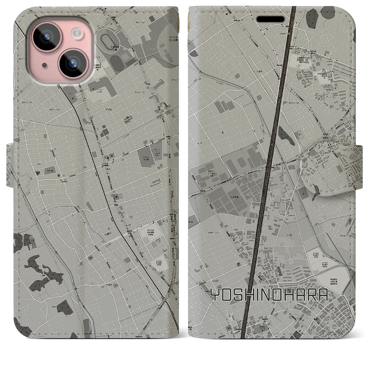 【吉野原(埼玉県)】地図柄iPhoneケース(手帳タイプ)モノトーン・iPhone 15 Plus 用