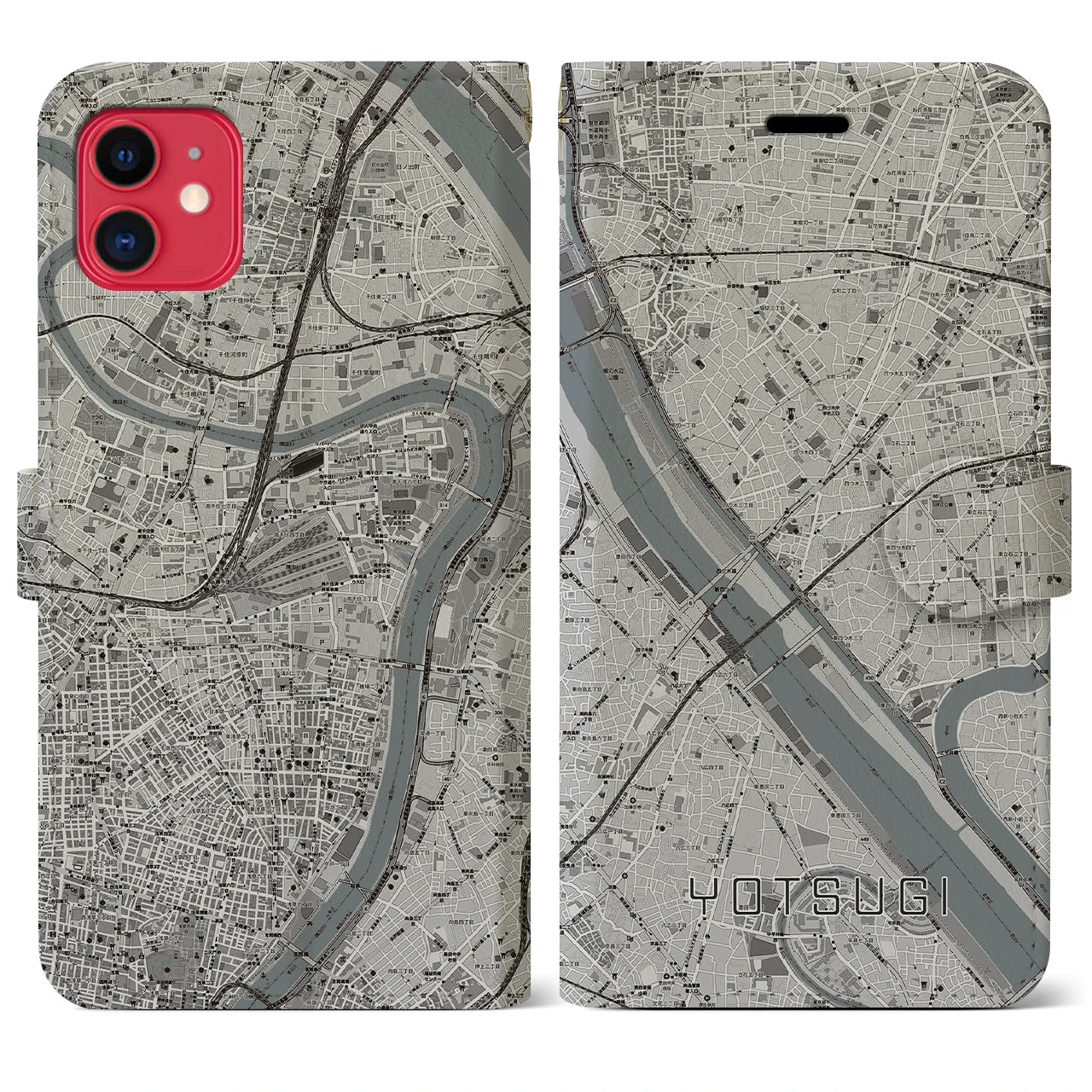【四ツ木(東京都)】地図柄iPhoneケース(手帳タイプ)モノトーン・iPhone 11 用