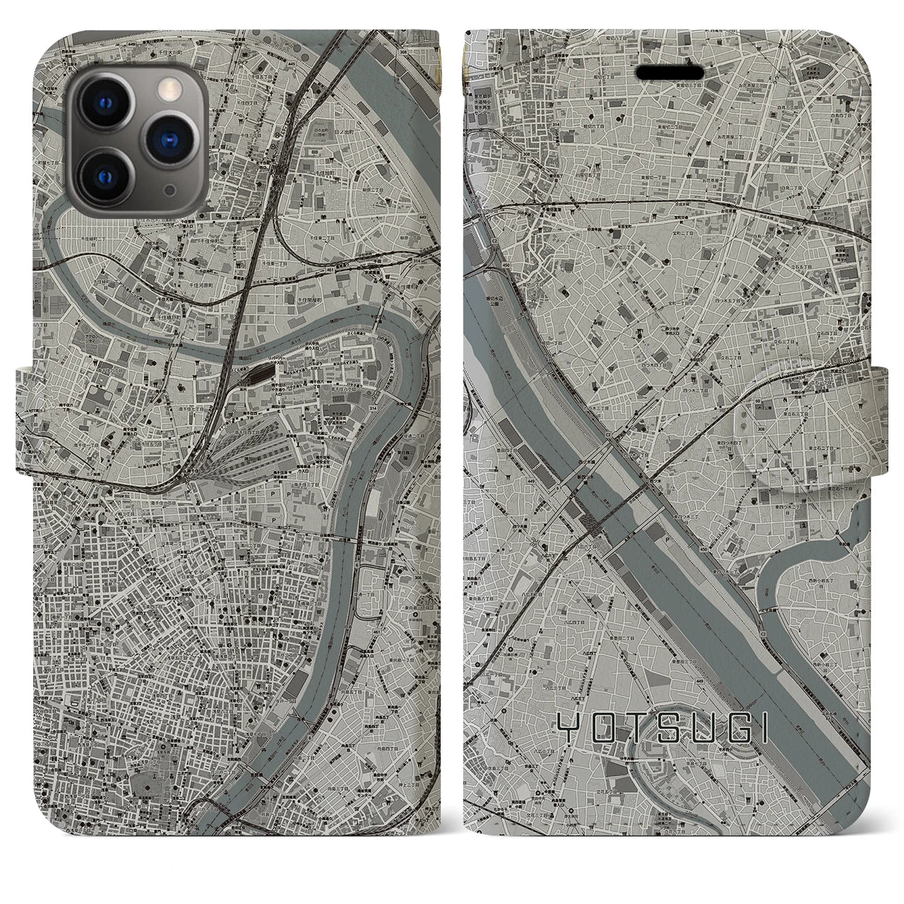 【四ツ木(東京都)】地図柄iPhoneケース(手帳タイプ)モノトーン・iPhone 11 Pro Max 用