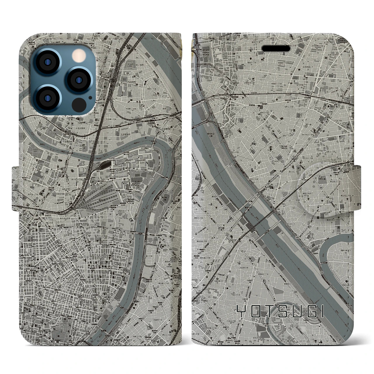 【四ツ木(東京都)】地図柄iPhoneケース(手帳タイプ)モノトーン・iPhone 12 / 12 Pro 用