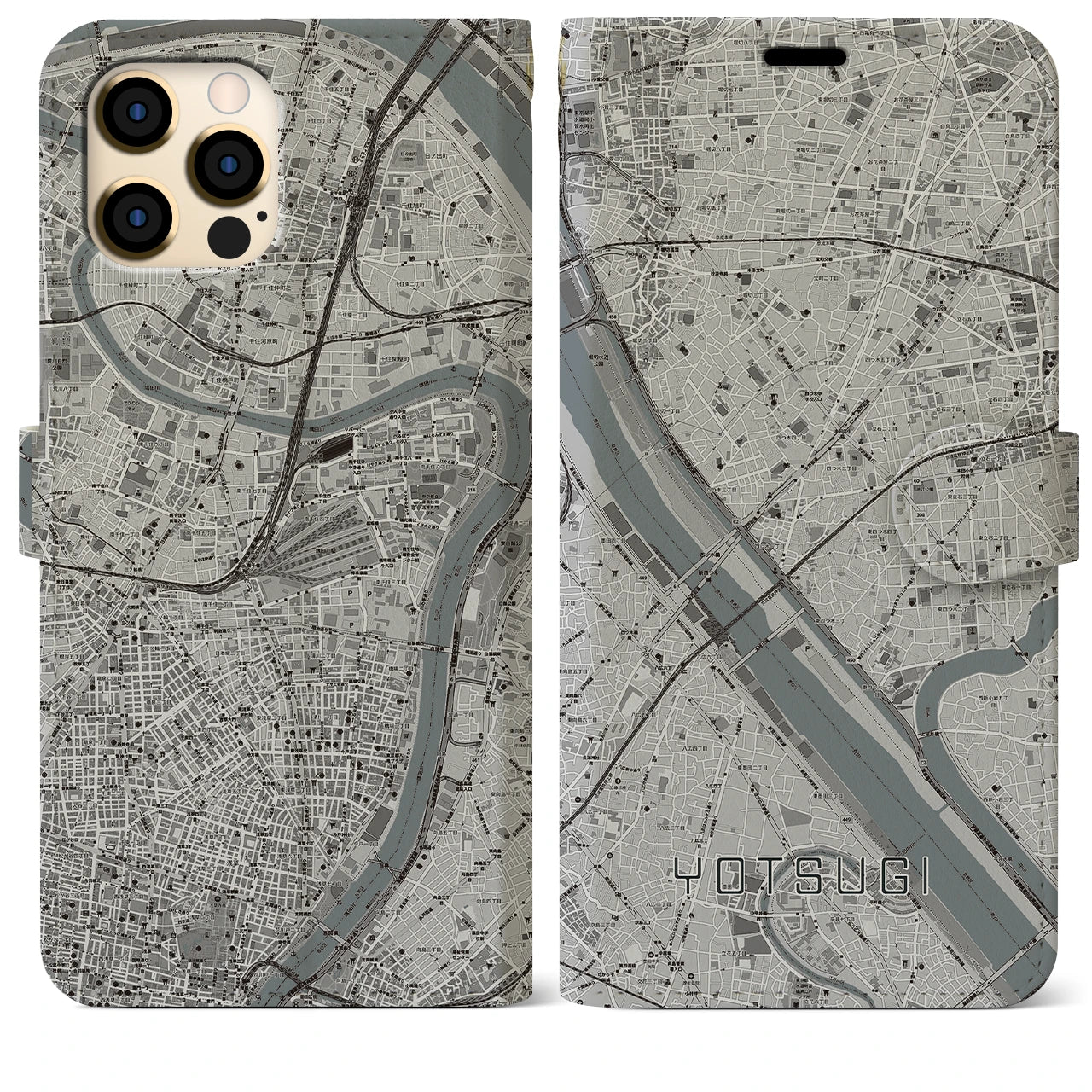 【四ツ木(東京都)】地図柄iPhoneケース(手帳タイプ)モノトーン・iPhone 12 Pro Max 用